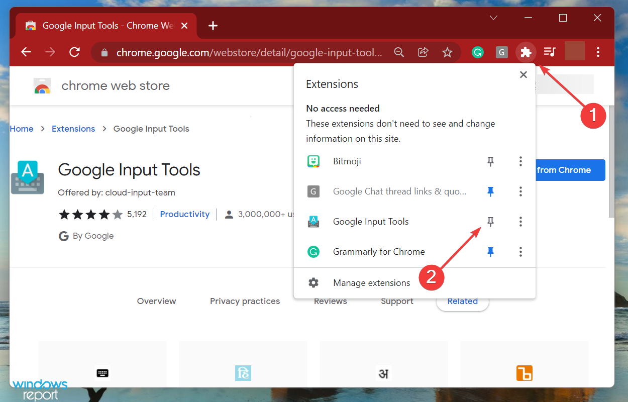 Закрепить расширение Google Input Tools на панели Chrome
