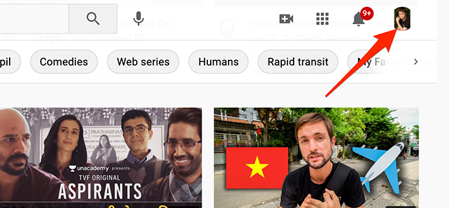 Нажмите на значок профиля в правом верхнем углу YouTube.