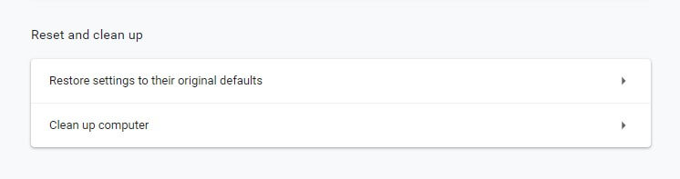 Опция восстановления настроек в Chrome