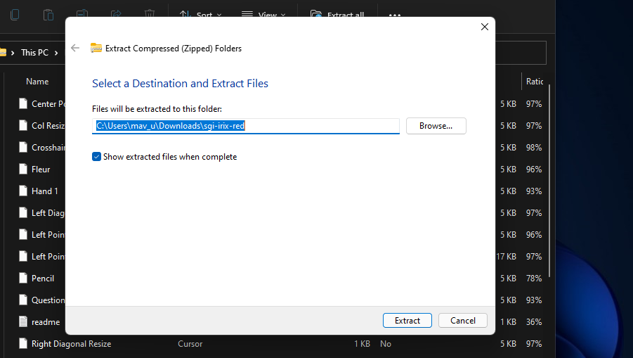 Окно выбора пути для распаковки архива