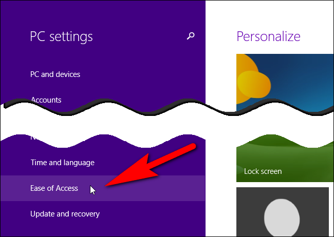 Выбор Специальные возможности в параметрах Windows 8