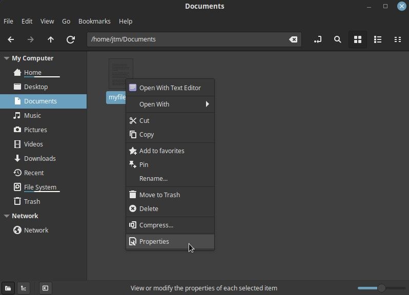 Cinnamon file context menu