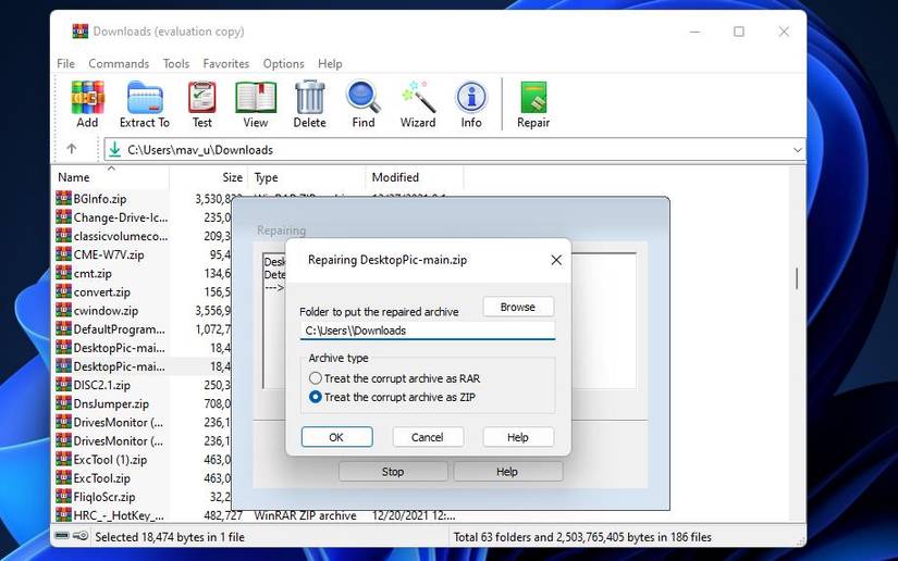 WinRAR выполняет восстановление архива и показывает опции