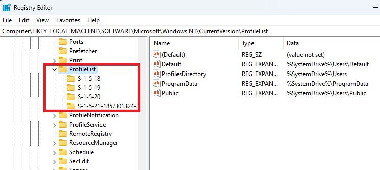 Просмотр ключей ProfileList в Редакторе реестра