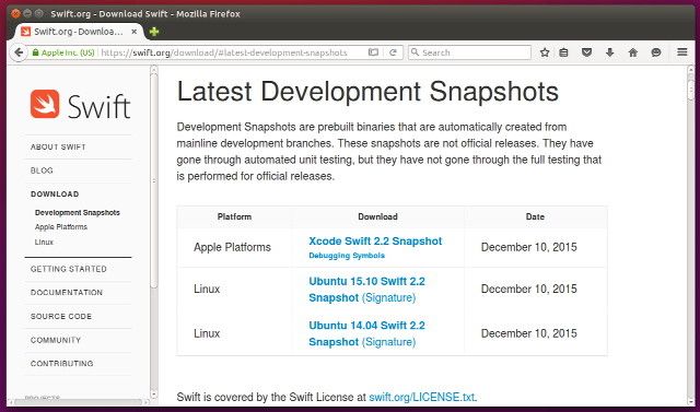 Страница загрузки Swift для Linux