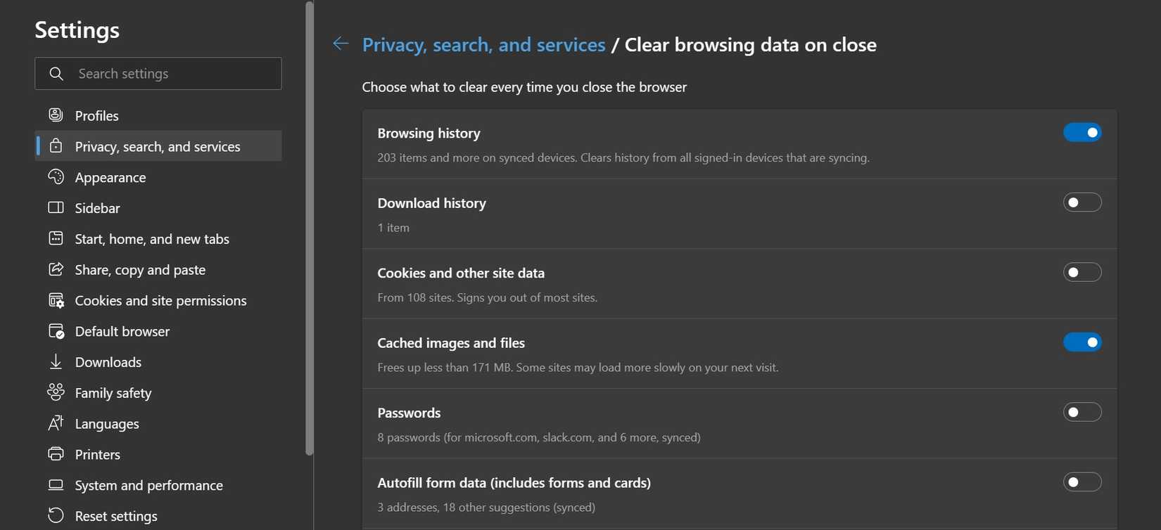 Страница настройки удаления данных при выходе в Microsoft Edge