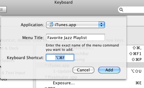 Окно добавления сочетания клавиш в Системных настройках macOS
