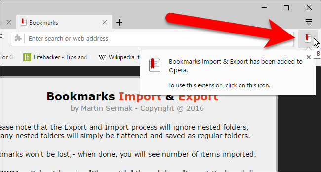 Кнопка расширения Bookmarks Import & Export в Opera