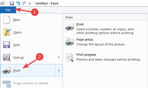 Меню печати в Paint