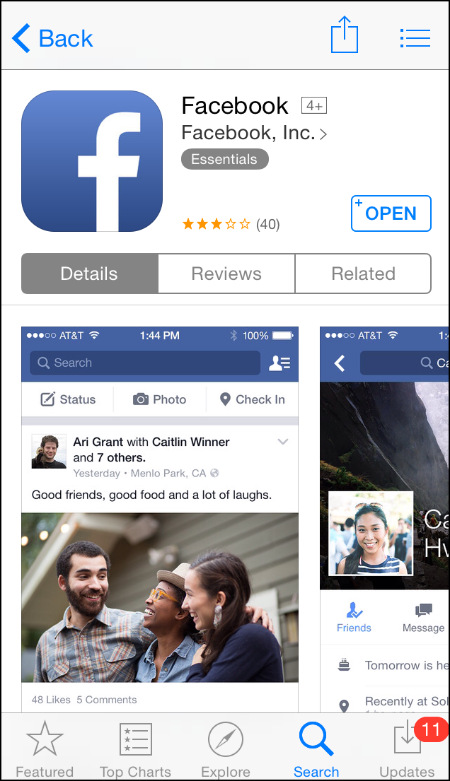 Скриншот обновления приложения Facebook в App Store