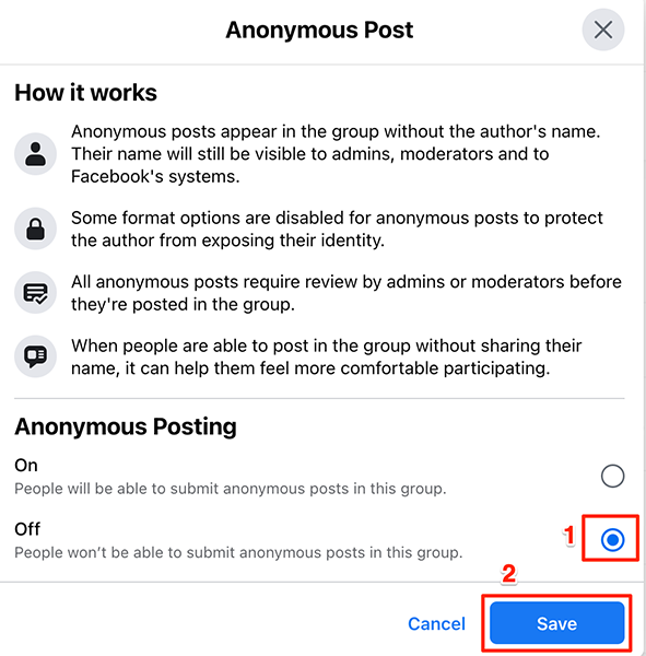 Выберите «Off», чтобы отключить анонимные публикации на сайте Facebook.
