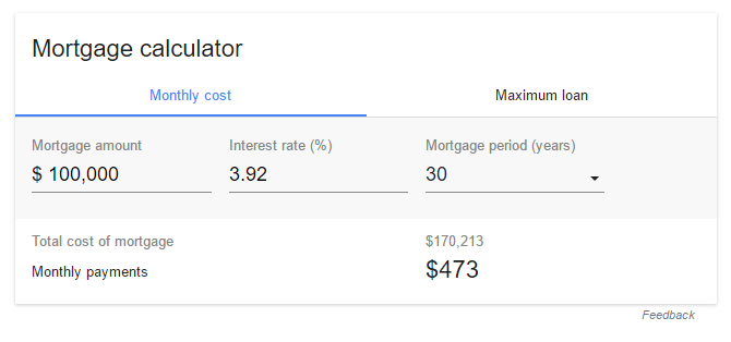 Виджет ипотечного калькулятора Google