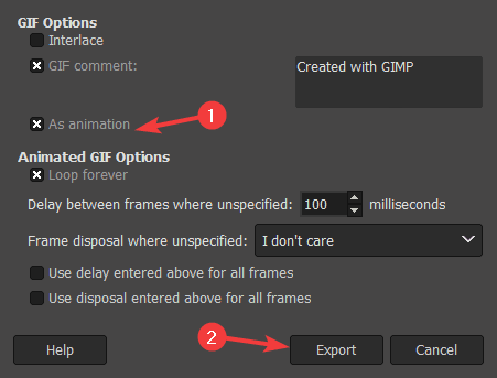 Параметры экспорта GIF в GIMP
