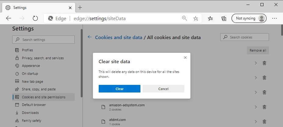 очистить данные сайта в Microsoft Edge