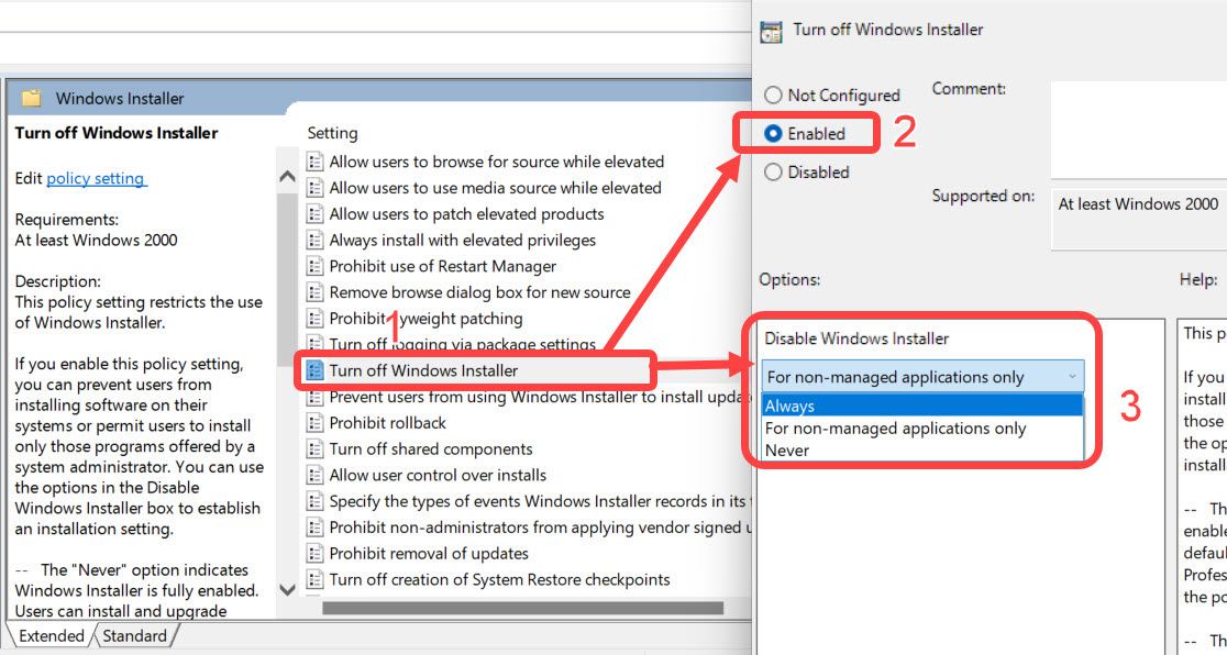 Отключение Windows Installer через GPEdit.