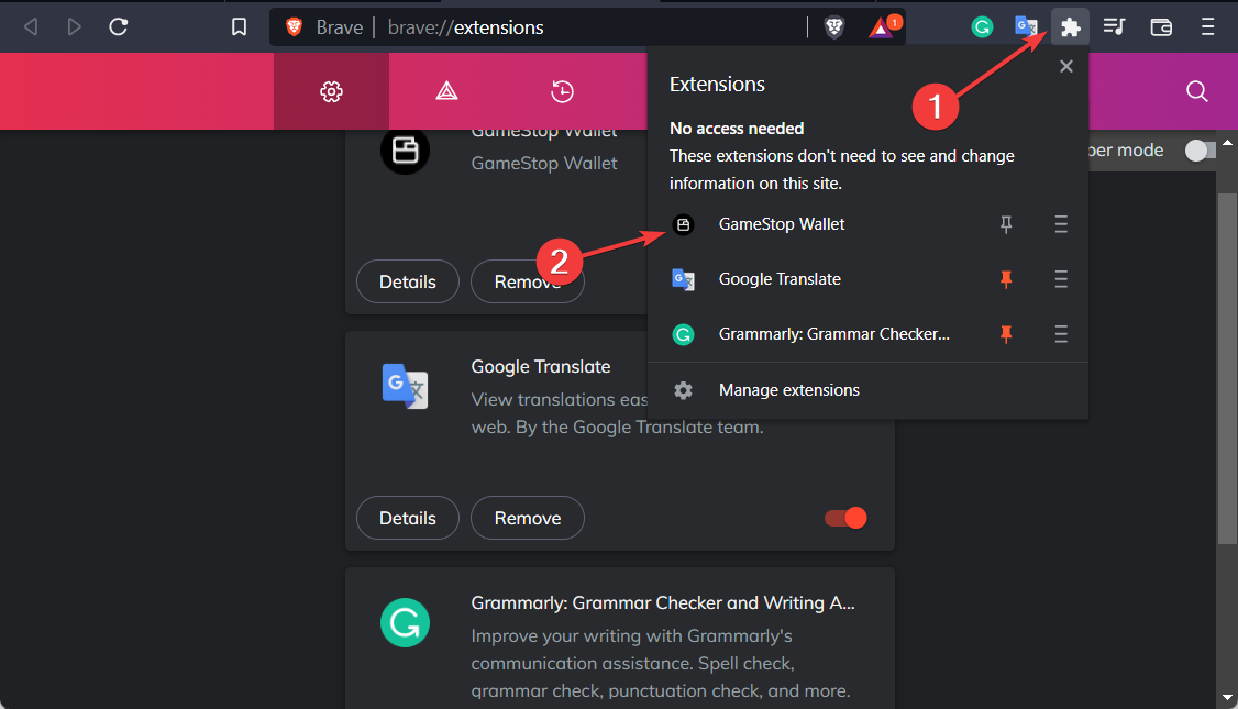 гамбургер-меню Brave и раздел расширений