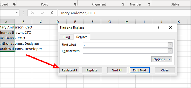 Кнопка Заменить все в диалоге замены