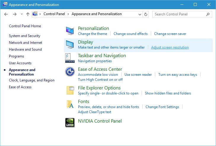 Параметры разрешения экрана в классической панели управления
