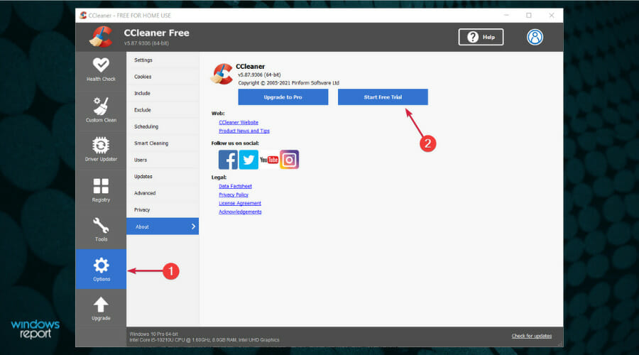 Переход на пробную Pro‑версию через Options