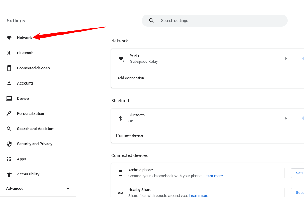 Экран настроек ChromeOS с вкладкой Network и выделенной Wi‑Fi сетью