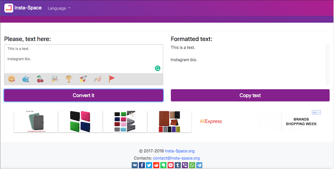 Добавление переносов строк в подписи Instagram с помощью Insta Space