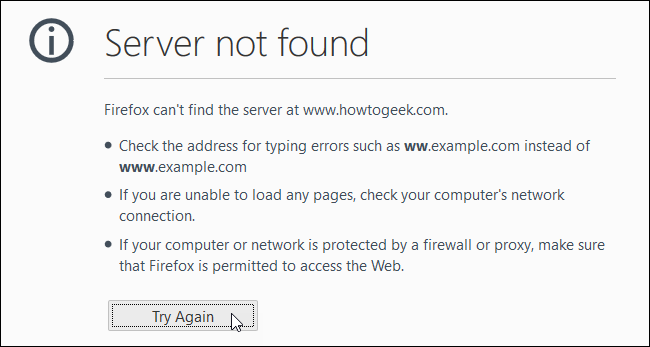 Экран «Сервер не найден»