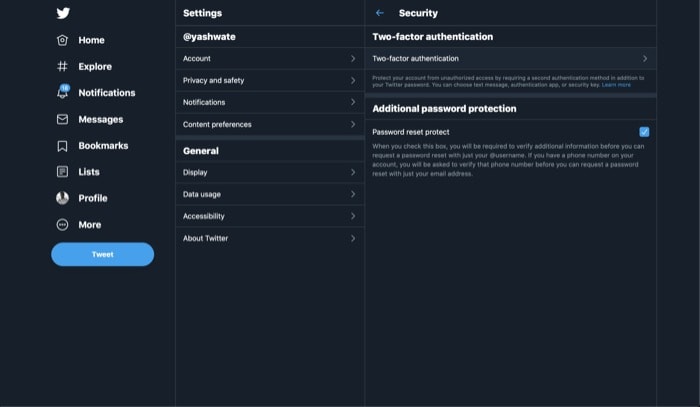 Веб‑страница Twitter — раздел Безопасность