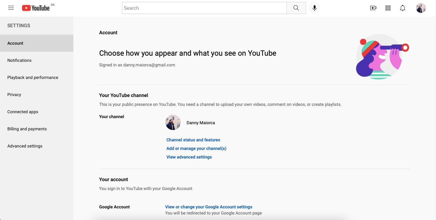 Скриншот страницы настроек YouTube Studio на компьютере