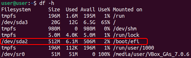 Показ заполнения раздела /boot в выводе df