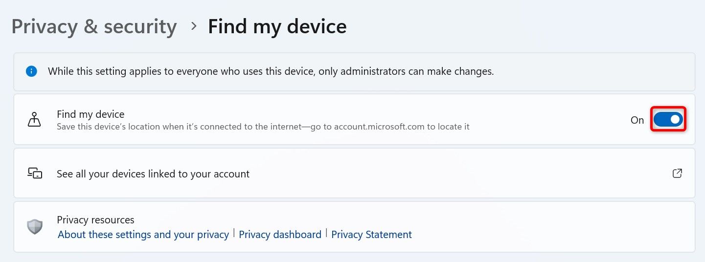 Выделен параметр 'Найти устройство' в настройках Windows 11.