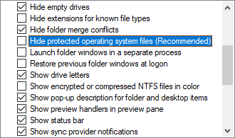 Отключение скрытия защищённых системных файлов