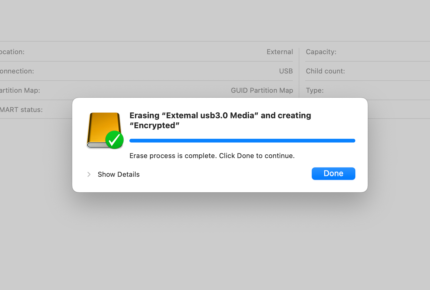 Процесс стирания диска в Disk Utility
