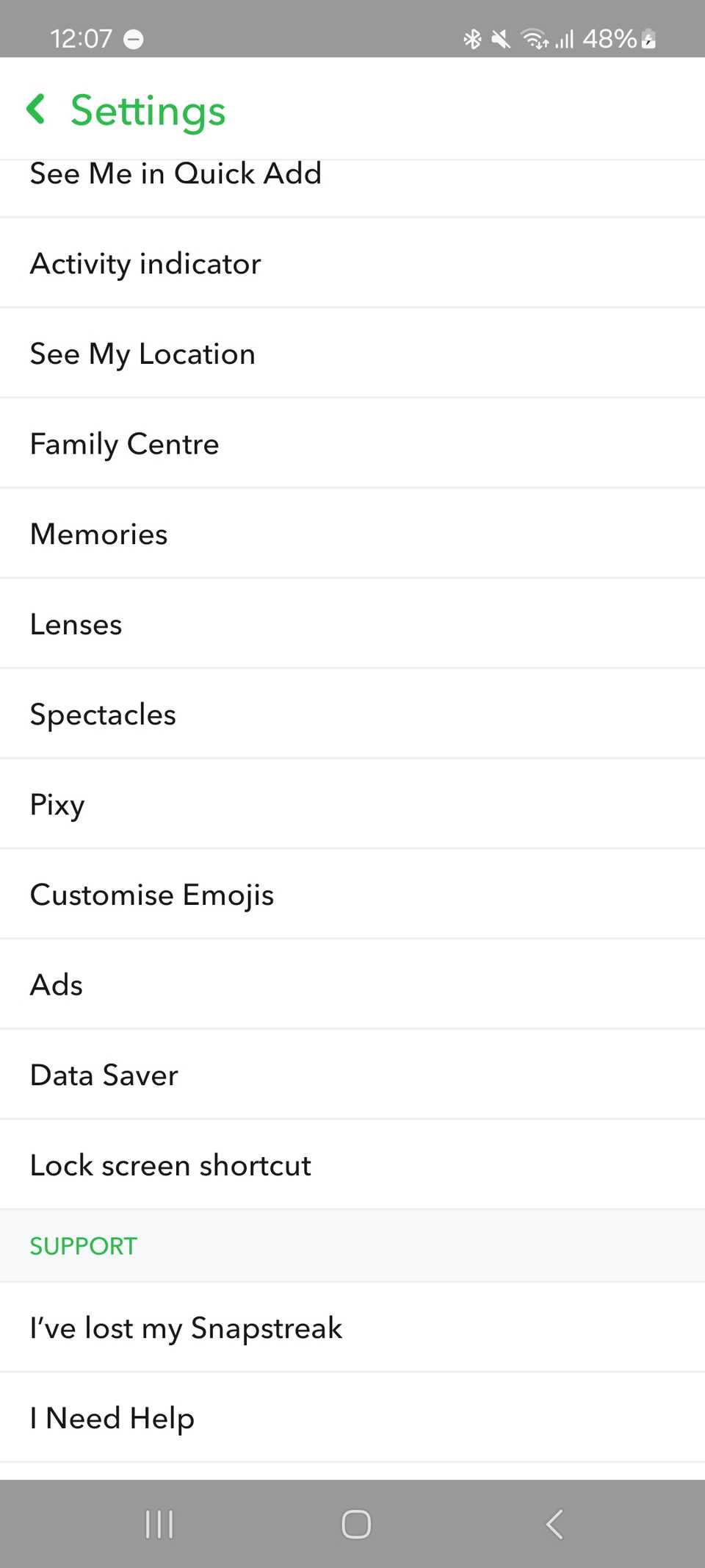 Настройки Snapchat на Android
