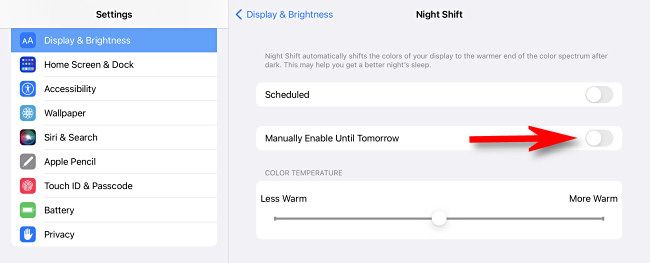 Переключатель «Manually Enable Until Tomorrow» в настройках Night Shift.