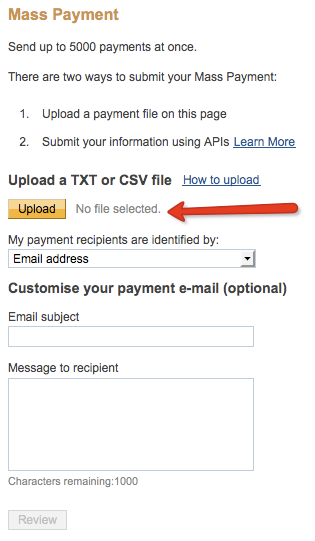 Загрузка файла массовых выплат в PayPal