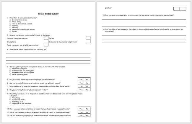 Шаблон опроса для социальных сетей в Word: разные типы вопросов.