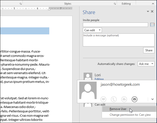 Удаление пользователя из списка доступа к документу