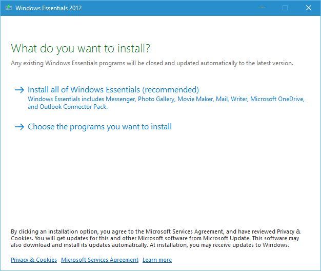окно выбора программ установщика Windows Essentials