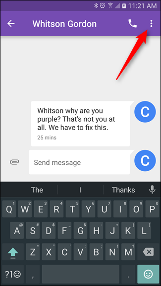 Экран переписки с кнопкой меню в правом верхнем углу