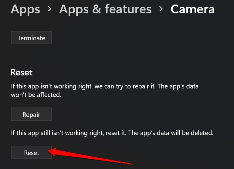 Сброс параметров приложения Камера