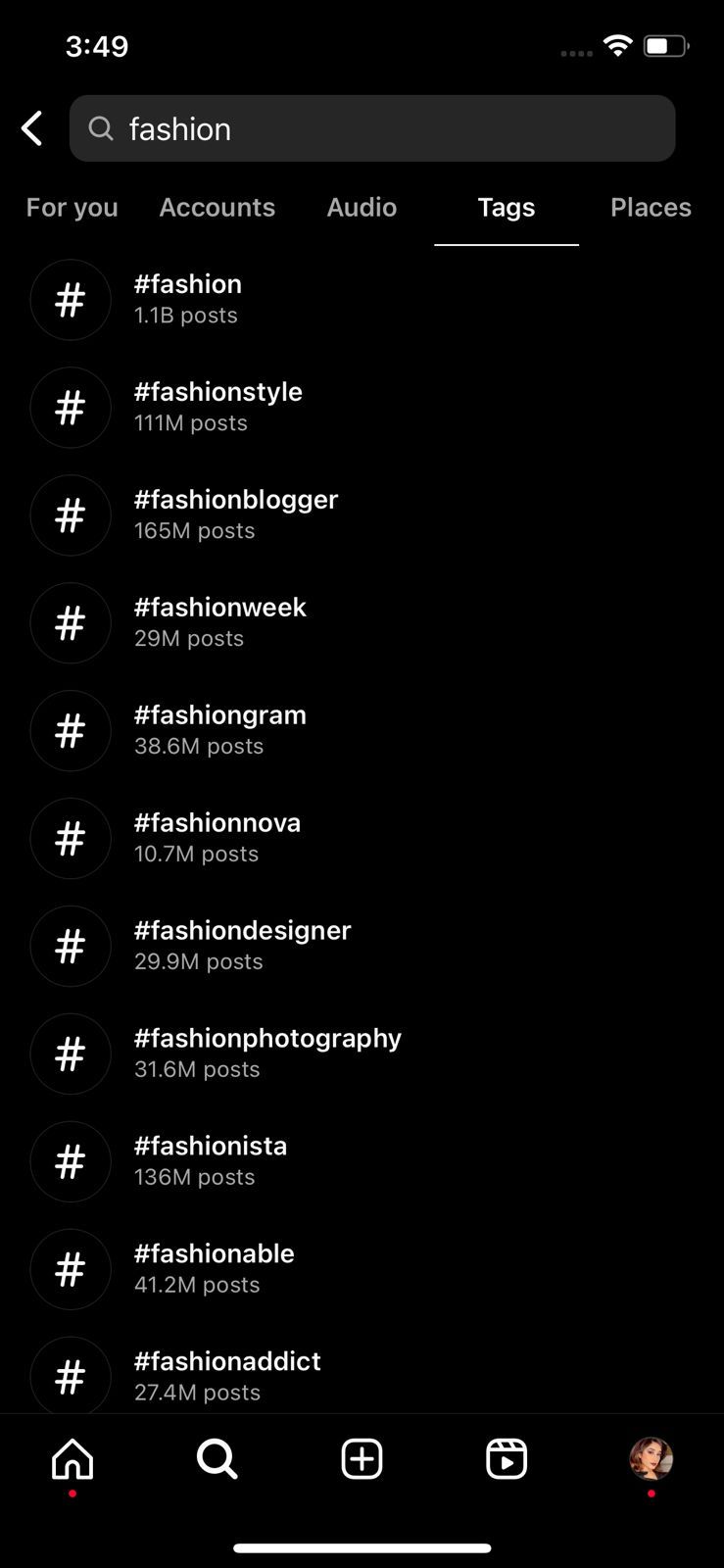 Поиск хэштегов в Instagram