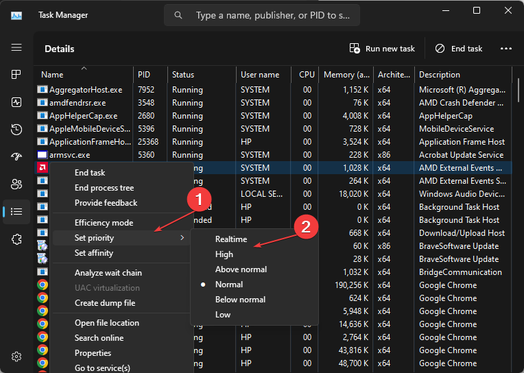 скриншот: установка приоритета процесса Valorant в Диспетчере задач