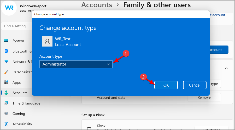 Выбор типа учетной записи 'Администратор' в Windows 11