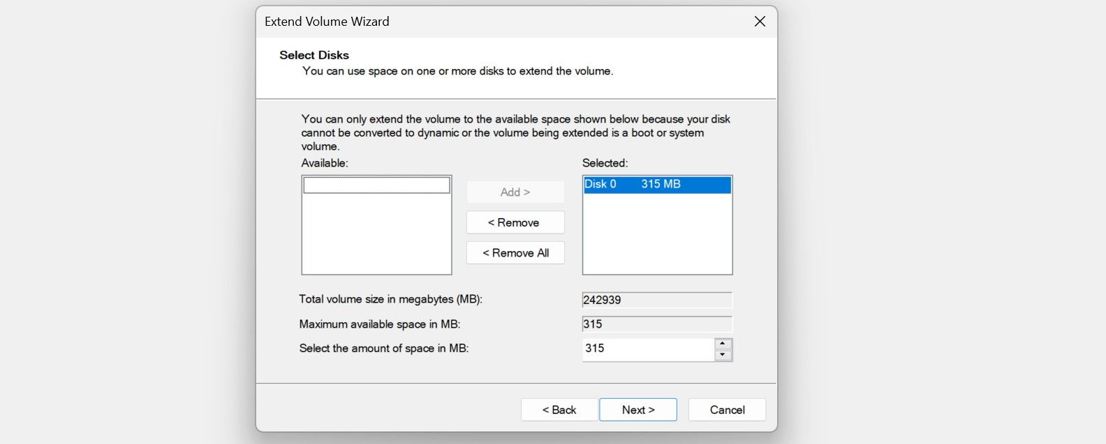 Мастер расширения тома в Управлении дисками Windows: ввод объёма в МБ