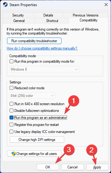 Свойства совместимости Steam — включить запуск от имени администратора