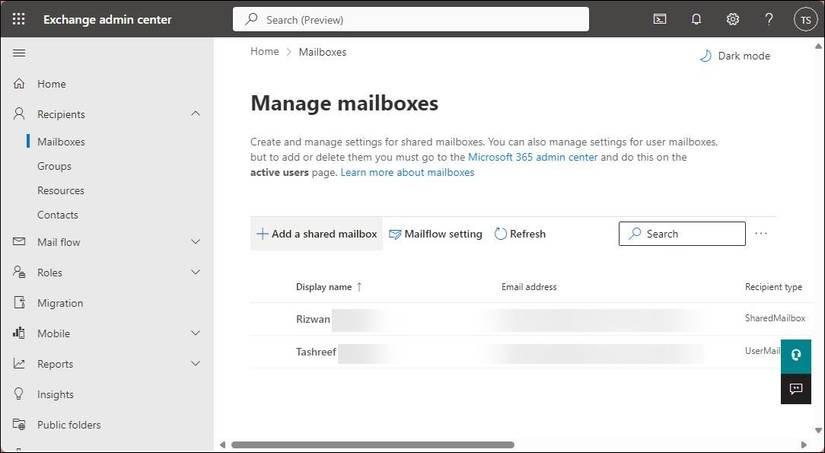 Панель управления почтовыми ящиками в Microsoft Exchange Admin Center.
