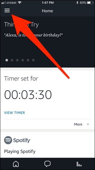 Экран меню приложения Alexa