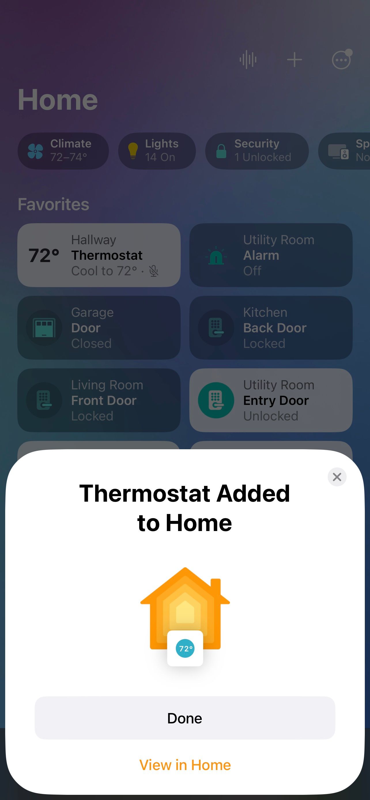 Успешное добавление Nest Thermostat в приложение Дом iOS