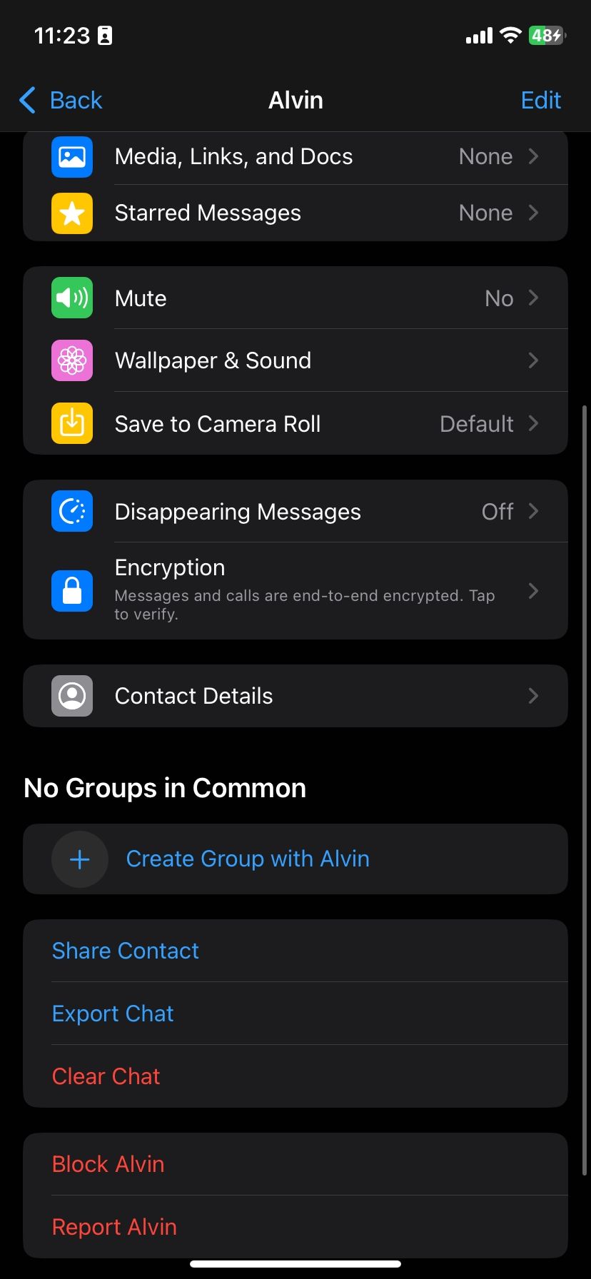 Страница информации о контакте в WhatsApp