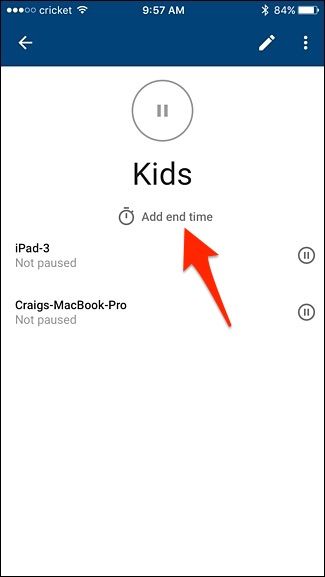 Экран выбора времени возобновления интернета для группы